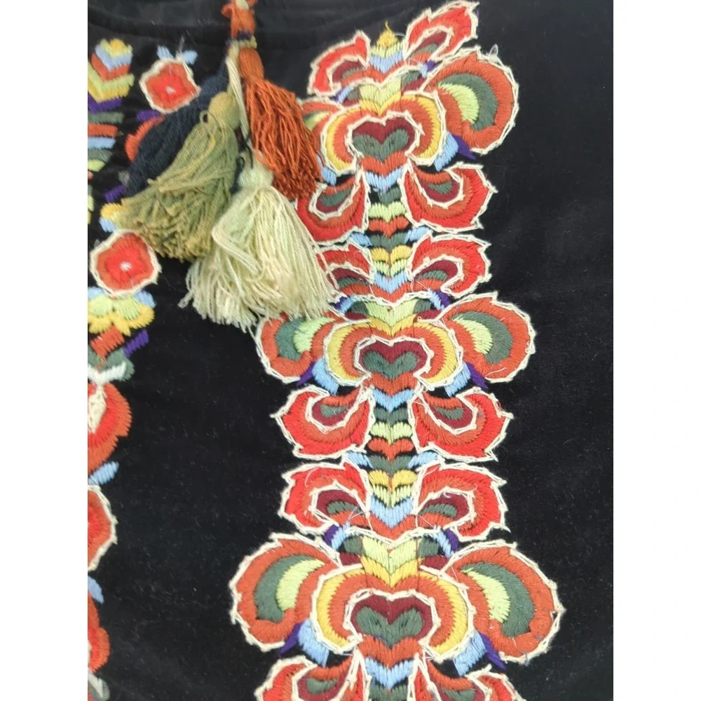 Embroidered Black Velvet Soft Ruggine Tote‎ Purse Tassels Boho Chic Hobo